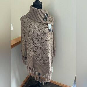 Women’s new knit poncho pull over turtleneck tassel embellished taupe one size